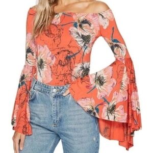 Free People Birds of Paradise Coral Orange Floral Top Size small
